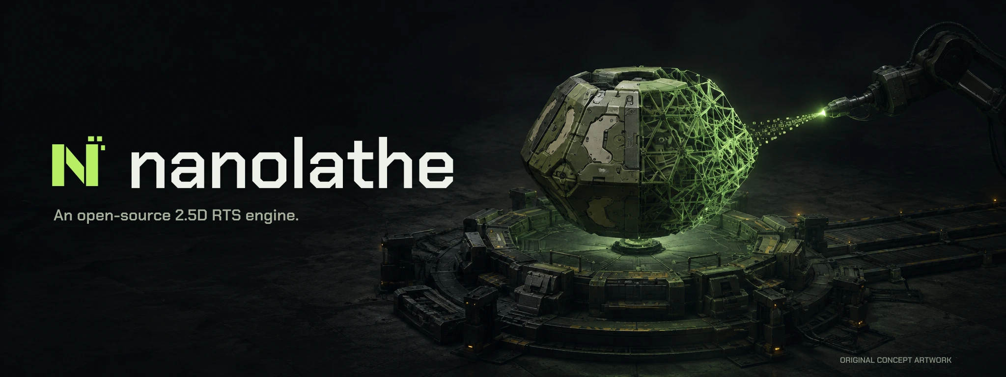 Nanolathe — Open-source 2.5D RTS engine. Original concept artwork of a reactor core assembling from a green nanoframe.