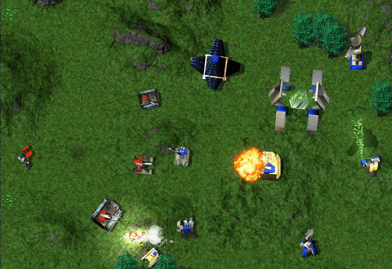 An ARM base, tanks and kbots during combat in Nanolathe’s contemporary GPU renderer