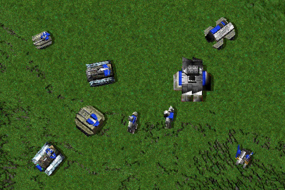 An original model lineup showing mobile units and a building in Nanolathe’s Classic CPU renderer