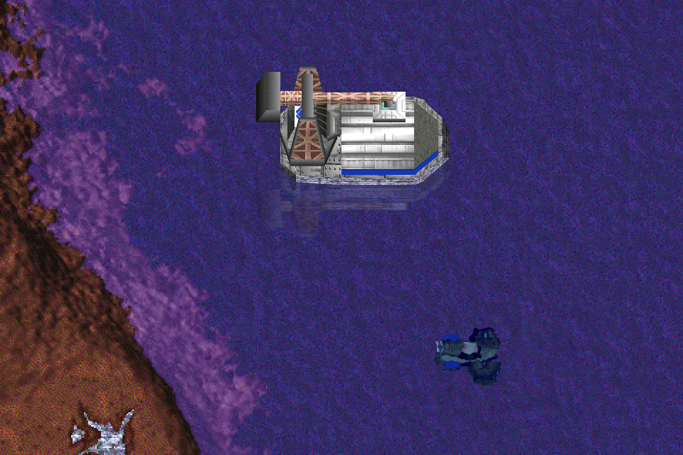 A transport above the water and a submarine beneath it on Gods of War.